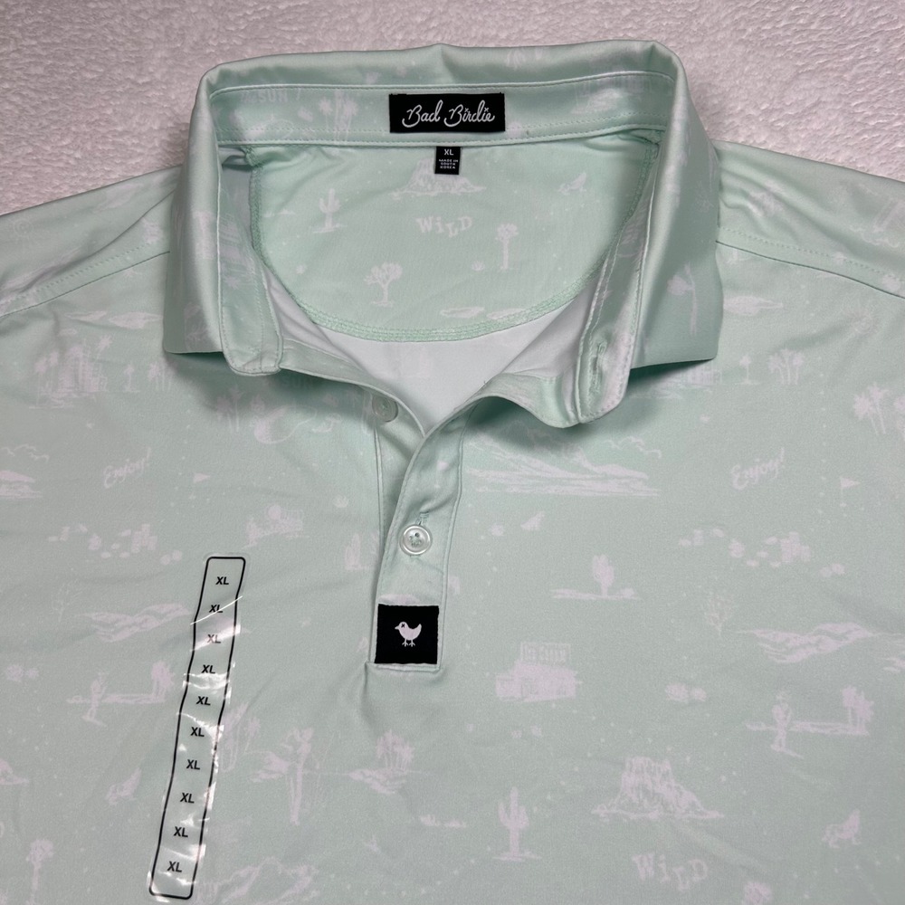 NEW Bad Birdie Golf Polo Desert Print Shirt Sz XL Mint Green Performance Stretch